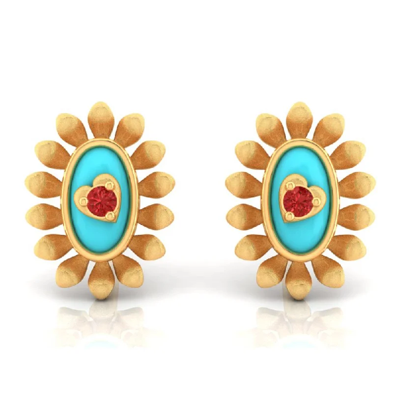 Detachable Drop Earrings with Charms -18k Sunflower Designed Gold Earrings With A Heart In The Center