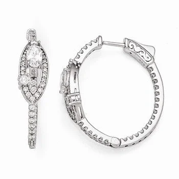 Oval Drop Earrings for Grace -Sterling Silver Rhodium Plated CZ Oval Hinged In/Out Hoop Earrings