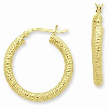 Leverback Drop Earrings for Comfort -Sterling Silver Gold-flashed Ribbed 25mm Hoop Earrings