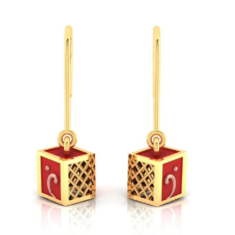 Drop Earrings with Etched Designs -18k Cubical Gold Earrings That With A Hint Of Reddish Colour