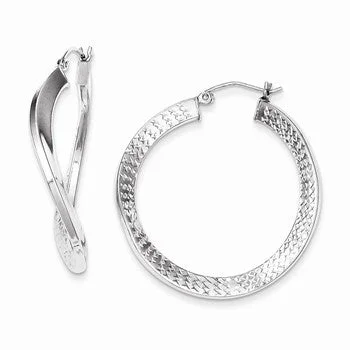 Magnetic Closure Drop Earrings for Easy -Sterling Silver Rhodium Plated Polished Diamond-cut Wavy Hoop Earrings