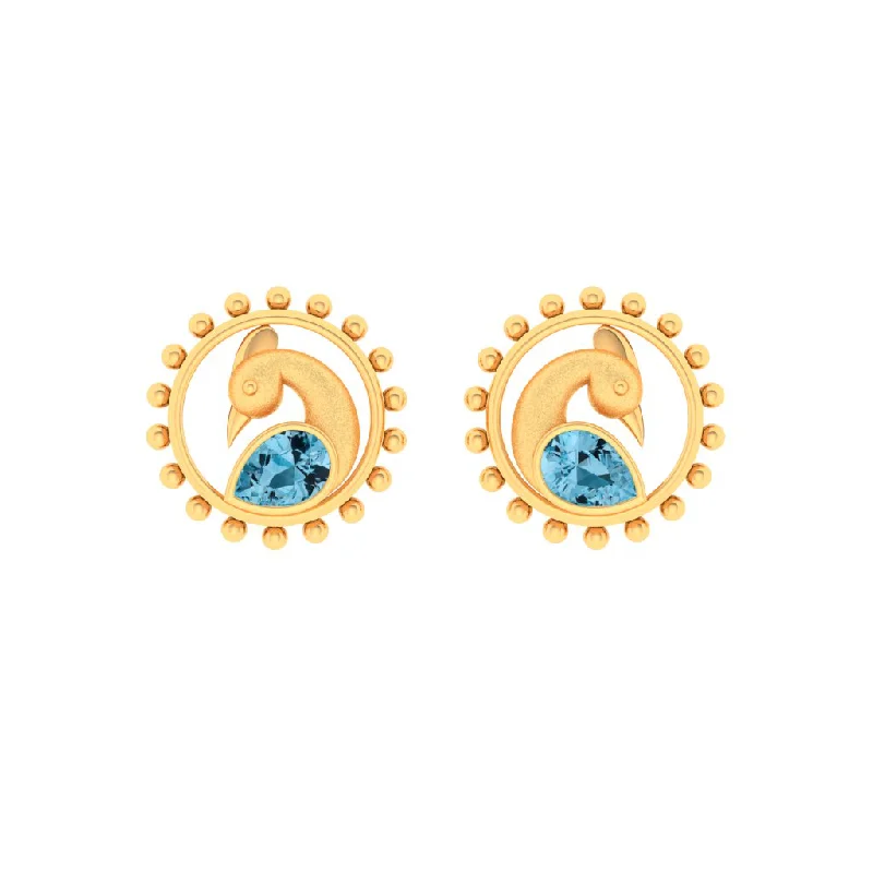 Drop Earrings for Anniversary -14k Cute Peacock Shaped Gold Stud Earrings With Blue Stone