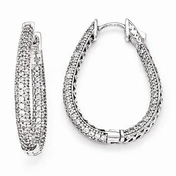 Drop Earrings for Fitness Activities -Sterling Silver Rhodium-plated CZ Teardrop Hinged Hoop Earrings