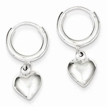 Floral Drop Earrings with Petals -Sterling Silver Polished Puff Heart Dangle Hoop Earrings