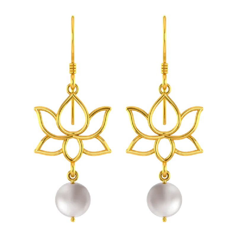 Clip On Drop Earrings for Non Pierced -22k Unique Earrings With Gold Lotus Design And A Hanging Pearl