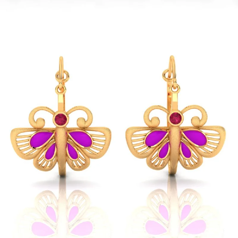 Drop Earrings with Debossed Designs -18k Classy Gold Butterfly Shaped Earrings With Red And Purple Stones