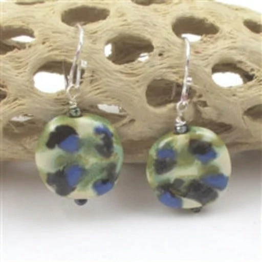 Drop Earrings with Etched Designs -Kazuri  Drop Earrings in Cornflower and Green Fair Trade Beads