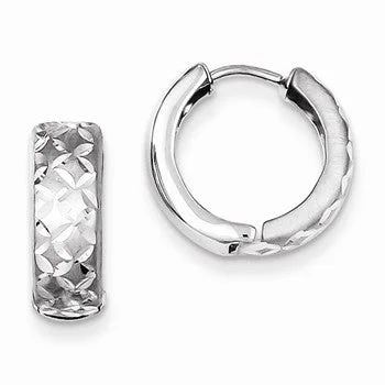 Drop Earrings for Wellness Routine -Sterling Silver Rhodium-plated Diamond-cut Hinged Hoop Earrings