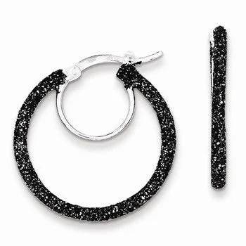 Drop Earrings for Travel Look -Sterling Silver Rhodium and Black Glitter Enamel Glitter Hoop Earrings