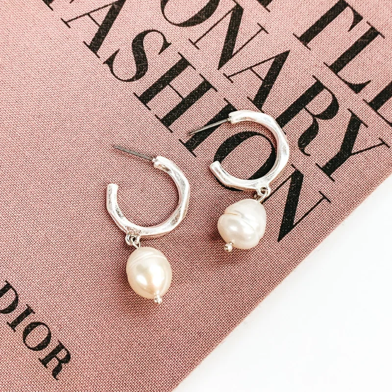 Hippie Drop Earrings with Beads -Special Occasion Hoop Earring with Pearl Dangle in Worn Silver Tone