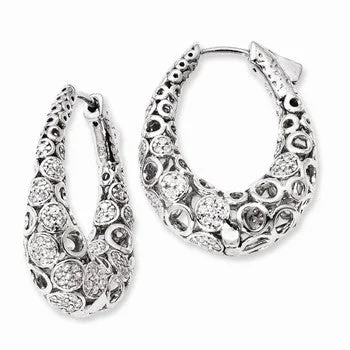 Drop Earrings for Casual Outfit -Sterling Silver Rhodium-plated Accent Pave CZ Oval Hoop Earrings