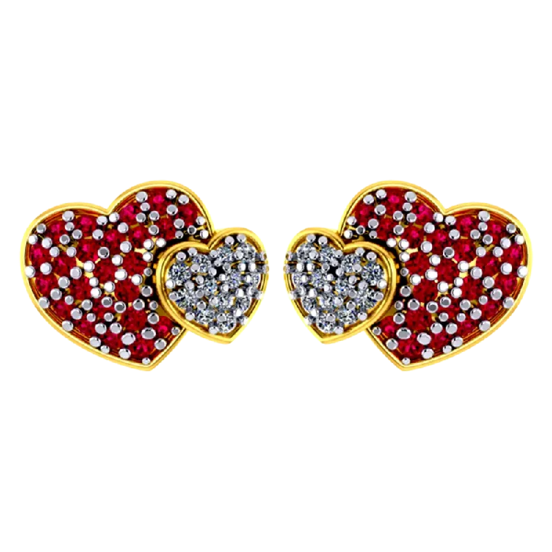 Drop Earrings with Matte Finish -Heart-shaped 14k Gold Earrings With American Diamond And Ruby Detailing