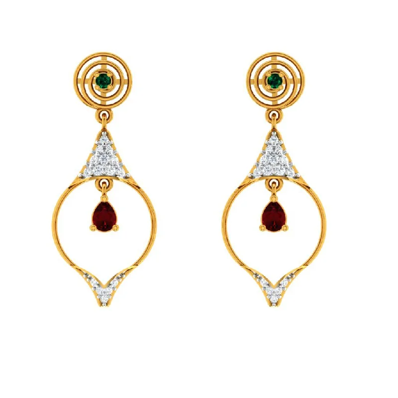 Floral Drop Earrings with Petals -Diamond Studded Drop Dangler With Marvellous Red Stone In 18k Gold Earrings