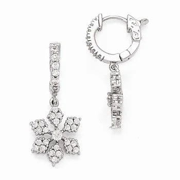 Drop Earrings with Wave Designs -Sterling Silver Rhodium Plated CZ Hinged Hoop Dangle Snowflake Earrings