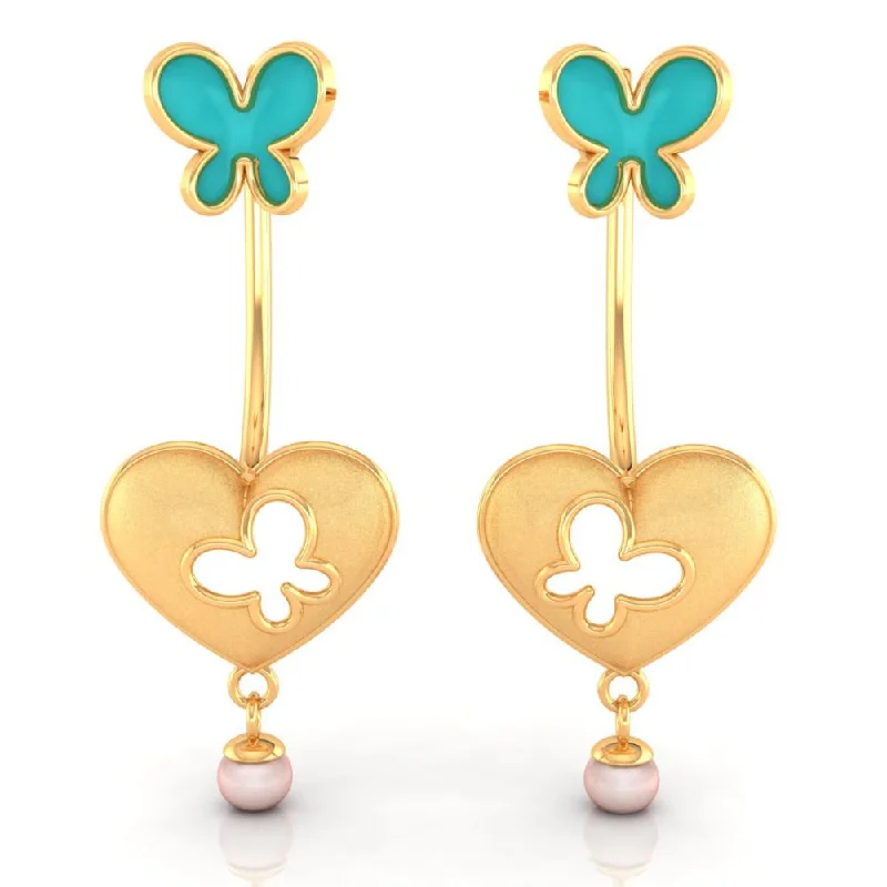 Leverback Drop Earrings for Comfort -18k Heart-shaped Dangler Gold Earrings With Butterflies And Pearl Drop