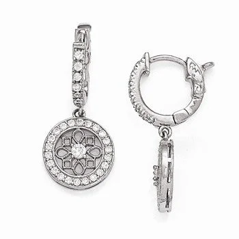 Drop Earrings with Vine Designs -Sterling Silver Rhodium Plated CZ Hinged Hoop Dangle Snowflake Earrings