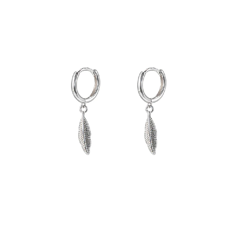 Round Drop Earrings for Classic -Sterling Silver Feather Huggie Earrings