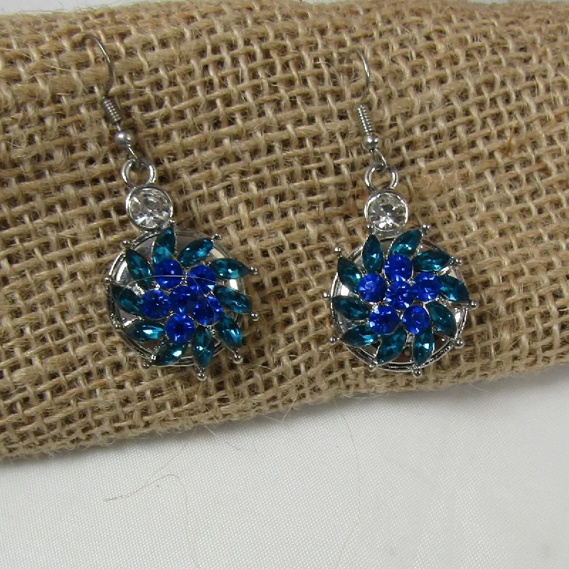 Small Drop Earrings for Delicate -Aqua & Blue Crystal Flower & Silver Drop Earrings