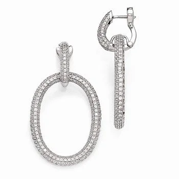 Heart Shaped Drop Earrings for Love -Sterling Silver Rhodium Plated CZ Oval Hinged Hoop Dangle Earrings