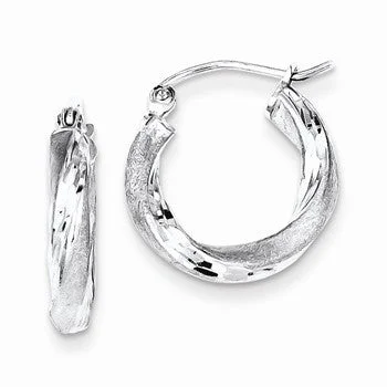 Short Drop Earrings for Subtle -Sterling Silver Rhodium-plated Satin Finished Diamond-cut Twisted Hoop Earrings