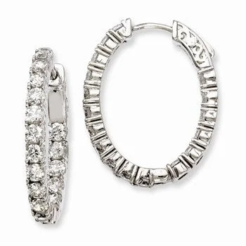 Drop Earrings with Crown Designs -Sterling Silver Rhodium-plated CZ Hinged Oval Hoop Earrings