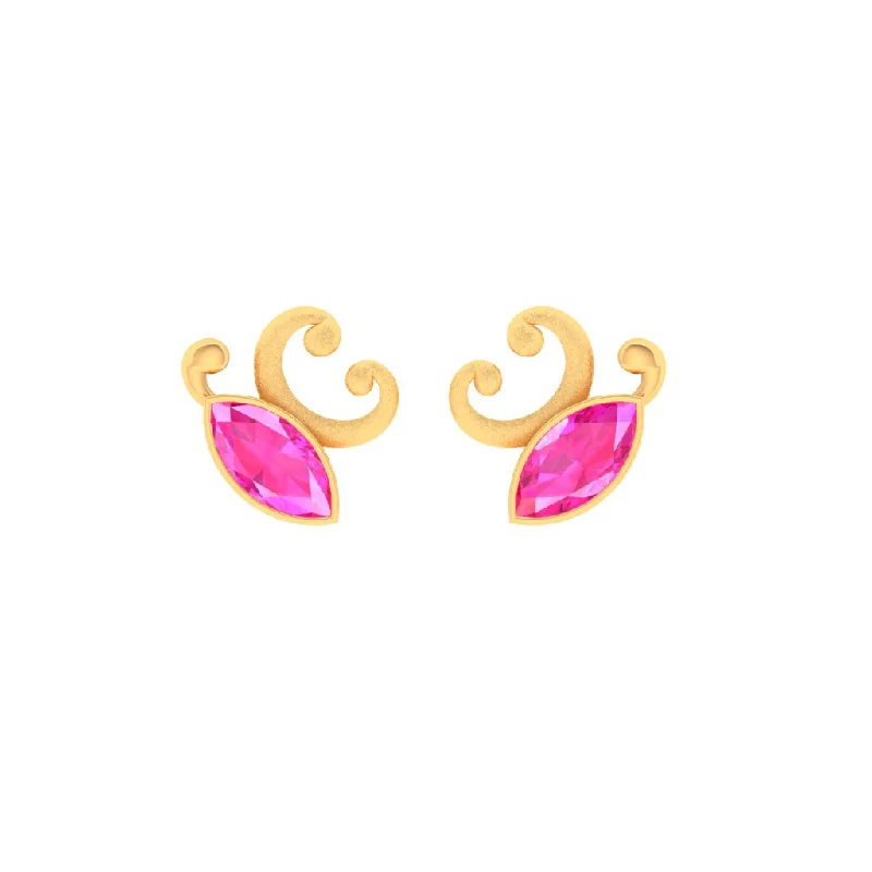 Drop Earrings with Debossed Designs -14k Gold Earrings With Unique Butterfly Design And Pink Stones