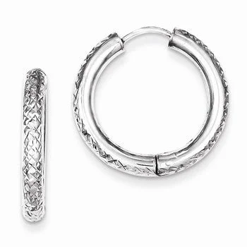 Beaded Drop Earrings for Party -Sterling Silver Rhodium Polished Diamond-cut Hinged Hoop Earrings