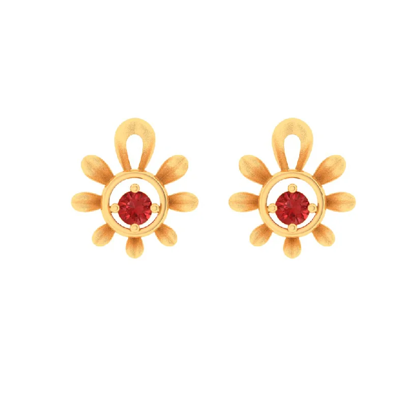 Drop Earrings for Casual Outfit -14k Gold Earrings With Floral Pattern And A Red Stone