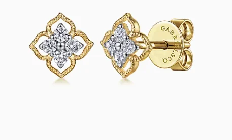 Drop Earrings with Filigree Work -14K Yellow Gold Floral Diamond Stud Earrings