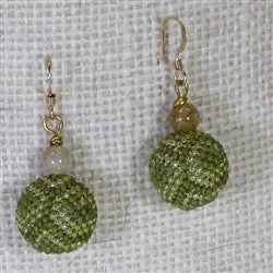 Push Back Drop Earrings for Convenience -Green and Gold Beaded Bead Earrings