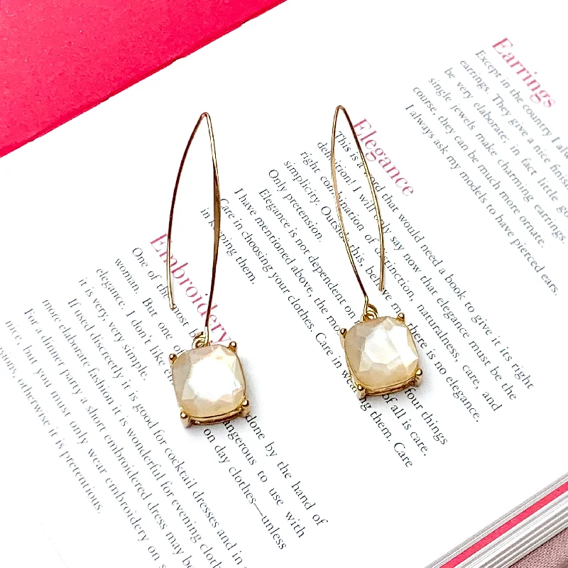 Drop Earrings for Wedding Ceremony -Almond Hoop Earrings with Cushion Cut Crystal Opalescent Charm in Gold