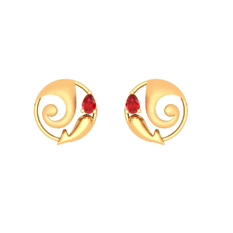 Drop Earrings with Leaf Motifs -14k Lord Ganesha Themed Gold Earrings With Red Gemstone From Online Exclusive