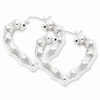 Drop Earrings for Office Wear -Sterling Silver Rhodium-plated Bamboo Heart Hoop Earrings