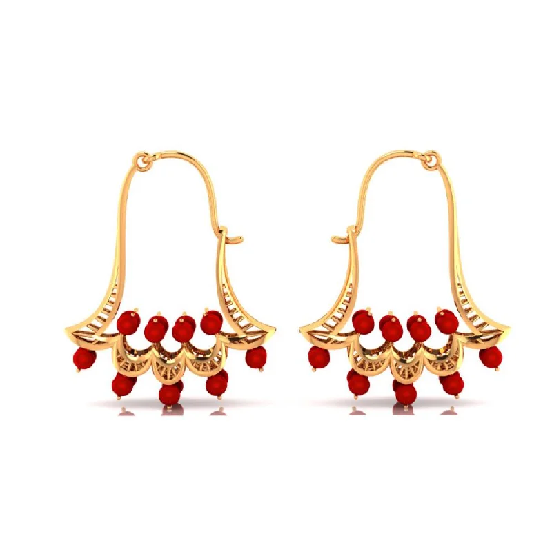 Drop Earrings for Evening Gown -18k Gold Earrings With Floral Designs And Red Stones