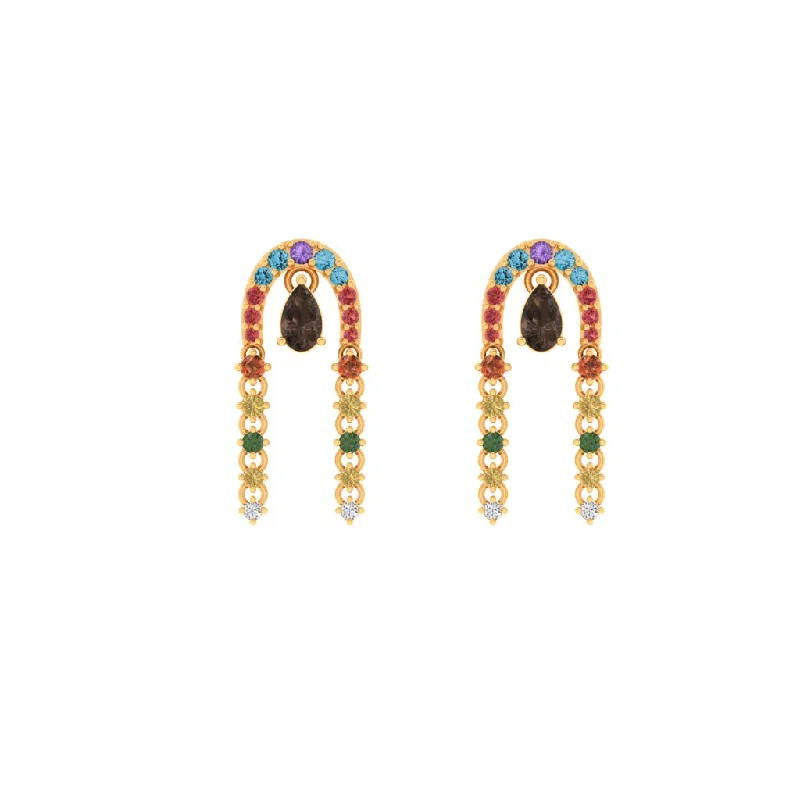 Drop Earrings for Party Look -14k Gorgeous Gold Earrings Engraved With Multi-colour Stones