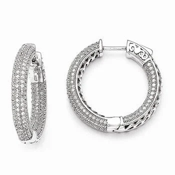 Drop Earrings for School Uniform -Sterling Silver Rhodium-plated CZ In and Out Pave Hoop Earrings