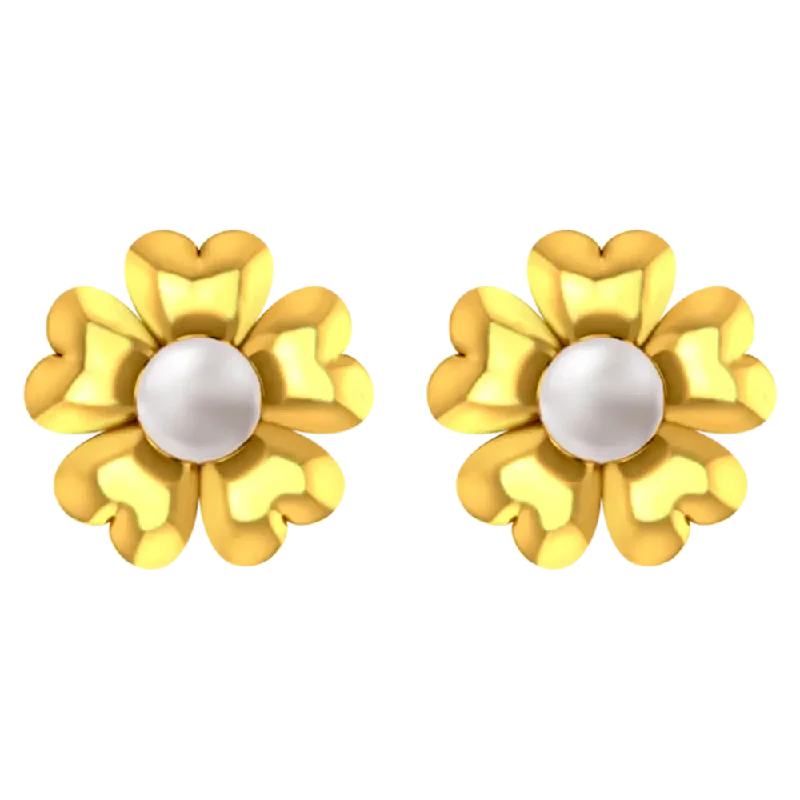 Drop Earrings with Enamel Coating -22k Floral Gold Earrings With An Elegant Pearl In The Middle