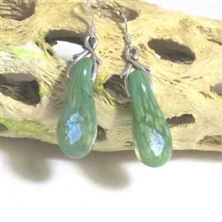 Leverback Drop Earrings for Comfort -Green Handmade Dichroic Teardrop Earrings