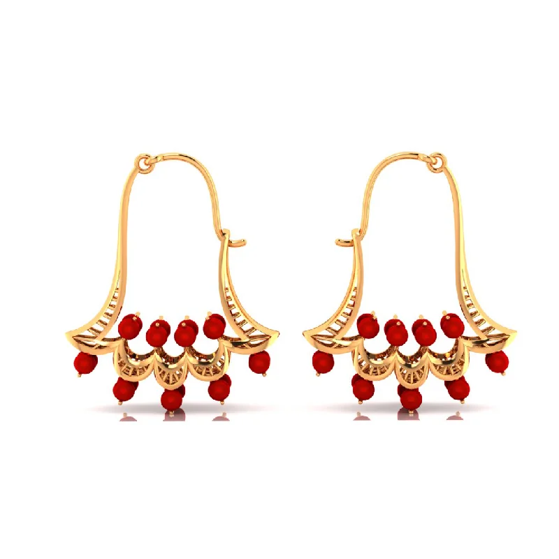 Indian Drop Earrings with Intricacy -14k Floral Gold Earrings With Red Stones