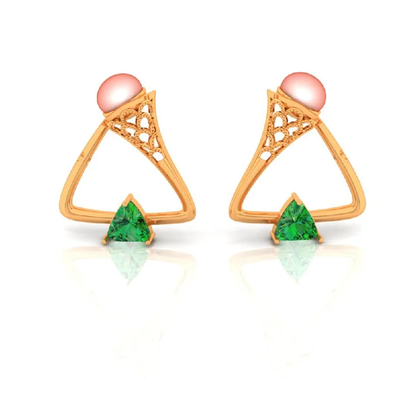 Drop Earrings for Party Look -18k Triangle Gold Earrings With A Shiny Green Stone