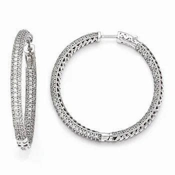 Silver Drop Earrings for Men -Sterling Silver Rhodium-plated Pave CZ 380 stones Hoop Earrings