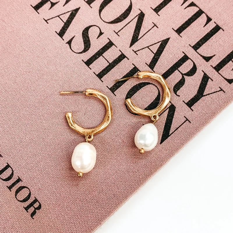 Contemporary Drop Earrings for Fashion -Special Occasion Hoop Earring with Pearl Dangle in Worn Gold Tone