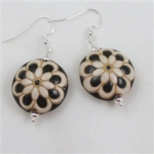 Rhinestone Drop Earrings for Sparkle -Handmade Black & Cream Flower Drop Earrings