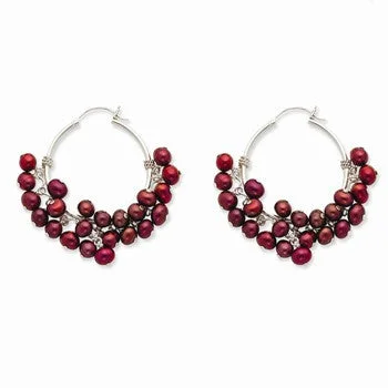 Drop Earrings for Work Attire -Sterling Silver Red Freshwater Cultured Pearl Hoop Earrings