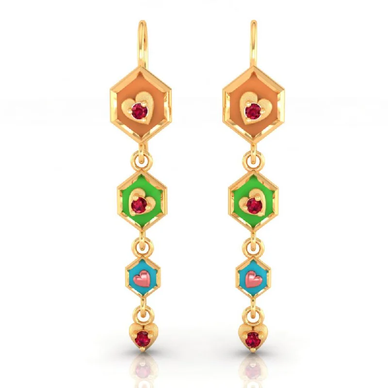 Drop Earrings with Crown Designs -22k Gold Earrings With Hexagonal Shapes And A Heart Drop