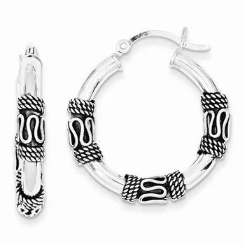 Drop Earrings with Embossed Patterns -Sterling Silver Hoop Earrings