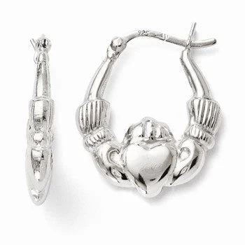 Drop Earrings with Keyhole Designs -Sterling Silver Polished Claddagh Hinged Hoop Earrings