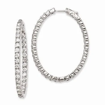 Drop Earrings with Leaf Motifs -Sterling Silver Rhodium-plated CZ Hinged Oval Hoop Earrings