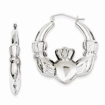 Drop Earrings for Travel Look -Sterling Silver Rhodium-plated Claddagh Hoop Earrings