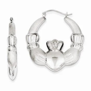 Small Drop Earrings for Delicate -Sterling Silver Rhodium-plated Polished and Satin Claddagh Hoop Earrings